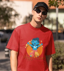 Happy Dasara printed unisex adults round neck cotton half-sleeve red tshirt specially for Navratri festival/ Durga puja