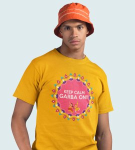 Keep calm, garba on printed unisex adults round neck cotton half-sleeve yellow tshirt specially for Navratri festival/ Durga puja