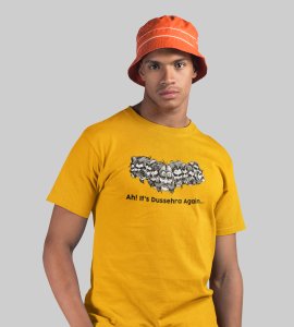 Ah it's dussehra again printed unisex adults round neck cotton half-sleeve yellow tshirt specially for Navratri festival/ Durga puja