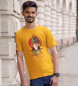 Durga maa animated printed unisex adults round neck cotton half-sleeve yellow tshirt specially for Navratri festival/ Durga puja