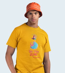 Let' play printed unisex adults round neck cotton half-sleeve yellow tshirt specially for Navratri festival/ Durga puja