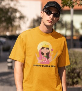Durga maa (pink) printed unisex adults round neck cotton half-sleeve yellow tshirt specially for Navratri festival/ Durga puja