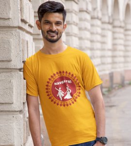 White shadowed couple danging printed unisex adults round neck cotton half-sleeve yellow tshirt specially for Navratri festival/ Durga puja