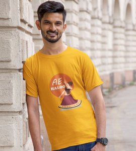 Ae haloo printed unisex adults round neck cotton half-sleeve yellow tshirt specially for Navratri festival/ Durga puja