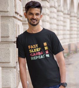Fast sleep garba repeat printed unisex adults round neck cotton half-sleeve black tshirt specially for Navratri festival/ Durga puja