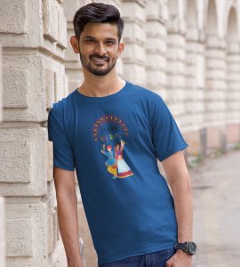Dancing couple(traditional dress) printed unisex adults round neck cotton half-sleeve blue tshirt specially for Navratri festival/ Durga puja