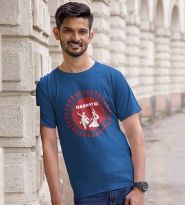White shadowed couple dancing printed unisex adults round neck cotton half-sleeve blue tshirt specially for Navratri festival/ Durga puja