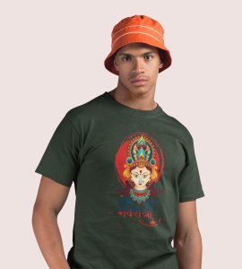 Shubh Navratri (red) printed unisex adults round neck cotton half-sleeve green tshirt specially for Navratri festival/ Durga puja