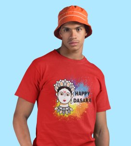 Happy Dasara (BG white) printed unisex adults round neck cotton half-sleeve red tshirt specially for Navratri festival/ Durga puja