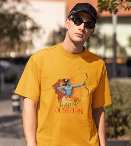 Happy Dussehra printed unisex adults round neck cotton half-sleeve yellow tshirt specially for Navratri festival/ Durga puja