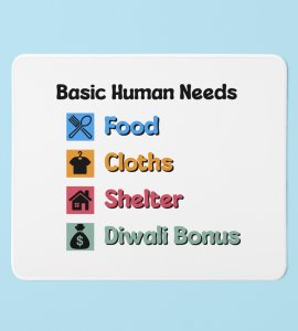Diwali Bonus Essentials Mouse Pad - Food, Clothes, Shelter, and Bonus