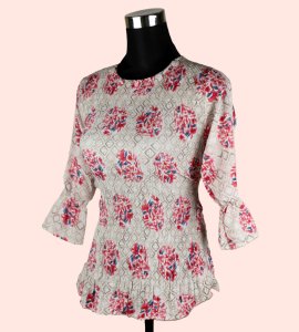 Red Blossoms on Cream: Women's Floral Print Top - Timeless Elegance