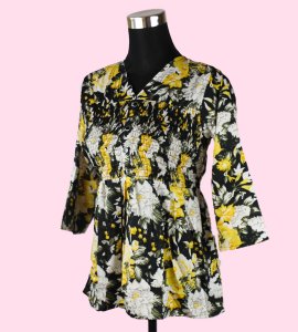 Women's Floral V-Neck Top in Black and Yellow - Versatile and Stylish Fashion Choice