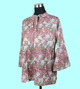 Women's Round Neck Top in Peach Floral Color - Graceful and Chic