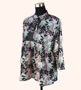 Women's Round Neck Top with White and Pink Floral Print - Elegant and Feminine