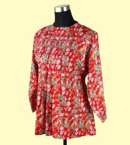 Women's Round Neck Top in Red with Green and Pink Floral Print - Vibrant and Chic
