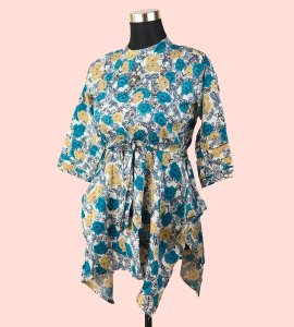 Women's Round Neck Top with Feroze Blue Floral Print - Chic and Refreshing