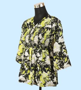 Women's Floral V-Neck Top in Florescent Green - Stylish and Vibrant Fashion Choice