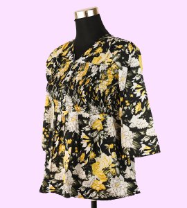 Women's Floral V-Neck Top in Black and Yellow - Versatile and Stylish Fashion Choice