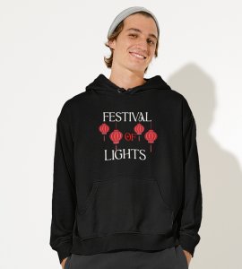 Festival of lights text printed diwali themed black Hoodie specially for diwali festival