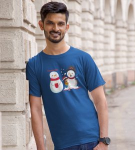 Warm Snowman : Beautifully Printed T-shirt (Blue) Perfect Gift For Christmas Eve