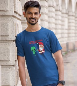 Santa With His Friend : Most Uniquely Printed T-shirt (Blue) Best Gift For Boys Girls