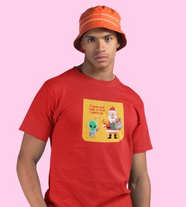 Santa And Alien's Talk : Elegantly Printed T-shirt (Red) Best Gift For Boys Girls