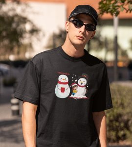 Warm Snowman : Beautifully Printed T-shirt (Black) Perfect Gift For Christmas Eve