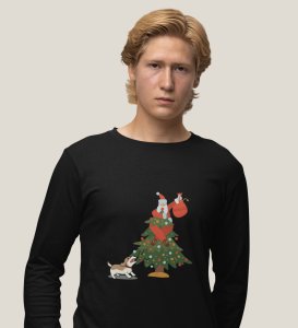 Frightened Santa: Cute DesignerFull Sleeve T-shirt For Christmas Black Best Gift For Boys Girls