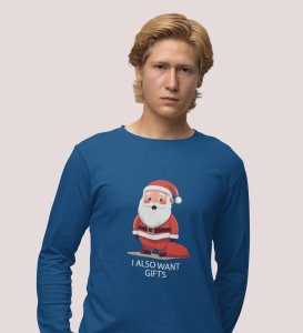 Santa Is Waiting For Gifts: Best DesignerFull Sleeve T-shirt Blue Unique Gifts For Secret Santa