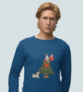 Frightened Santa: Cute DesignerFull Sleeve T-shirt For Christmas Blue Best Gift For Boys Girls