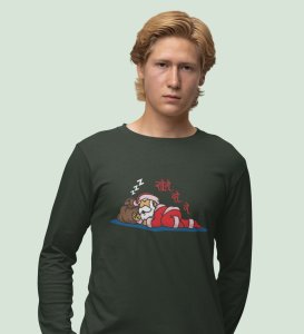 Sleepy Santa: Cute DesignerFull Sleeve T-shirt Green Unique Gift For Kids Boys Girls
