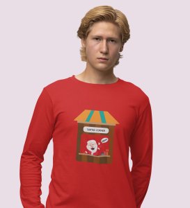 Curious Santa: Cute DesignerFull Sleeve T-shirt Red Best Gift For Kids Boys Girls