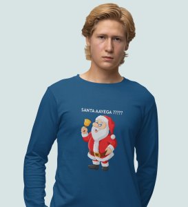 Curious Santa: Cute DesignerFull Sleeve T-shirt Blue Best Gift For Kids Boys Girls