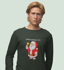 Curious Santa: Cute DesignerFull Sleeve T-shirt Green Best Gift For Kids Boys Girls