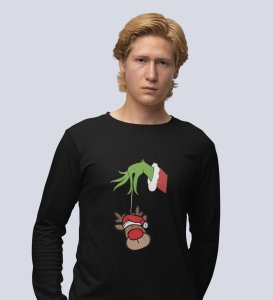 Alien & Reindeer:Black Christmas Edition PrintedFull Sleeve T-shirt - Ideal for Spreading Holiday Cheer at Gym, Yoga, and Outdoor Activities