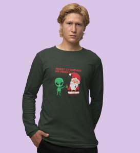 Cute Santa With Alien: Cutest DesignedFull Sleeve T-shirt Green Best Gift For Kids