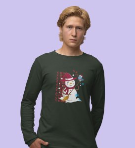 Snowman Sings: Beautifully CraftedFull Sleeve T-shirt Green Perfect Gift For Secret Santa