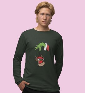 Alien & Reindeer: Green Christmas Edition PrintedFull Sleeve T-shirt - Ideal for Spreading Holiday Cheer at Gym, Yoga, and Outdoor Activities