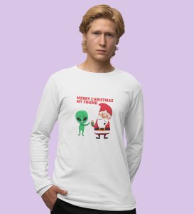 Cute Santa With Alien: Cutest DesignedFull Sleeve T-shirt White Best Gift For Kids