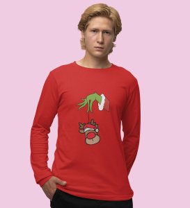 Alien & Reindeer:Red Christmas Edition PrintedFull Sleeve T-shirt - Ideal for Spreading Holiday Cheer at Gym, Yoga, and Outdoor Activities