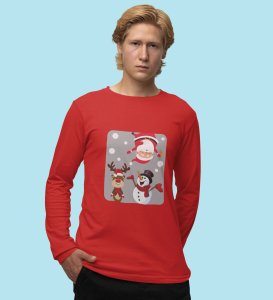 Santa And His Friends: Unwrap Joy with Red Full Sleeve T-shirt- Durable Design for Festive Gifts For Boys Girls
