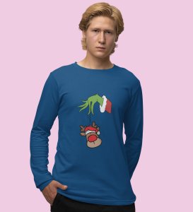 Alien & Reindeer:Blue Christmas Edition PrintedFull Sleeve T-shirt - Ideal for Spreading Holiday Cheer at Gym, Yoga, and Outdoor Activities