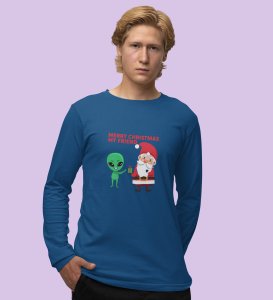 Cute Santa With Alien: Cutest DesignedFull Sleeve T-shirt Blue Best Gift For Kids