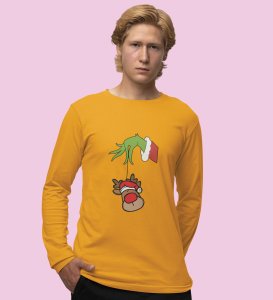 Alien & Reindeer:Yellow Christmas Edition PrintedFull Sleeve T-shirt - Ideal for Spreading Holiday Cheer at Gym, Yoga, and Outdoor Activities