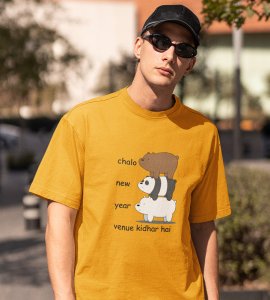 New Year Party Yellow Graphic Printed T-shirt For Mens Boys