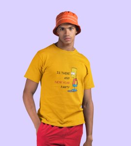 Is There Any Party? Yellow Printed T-shirt For Mens On New Year Theme Best Gift For New Year