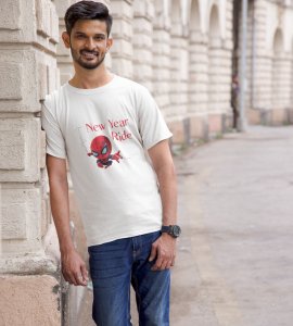 New Year Ride WhitePrinted T-shirt For Mens On New Year Theme