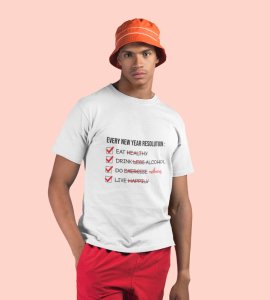 New Year Resolution White Men Printed T-shirt For Mens Boys