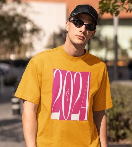 2024 New Year Yellow Printed T-shirt For Mens On New Year Theme Best Gift For New Year